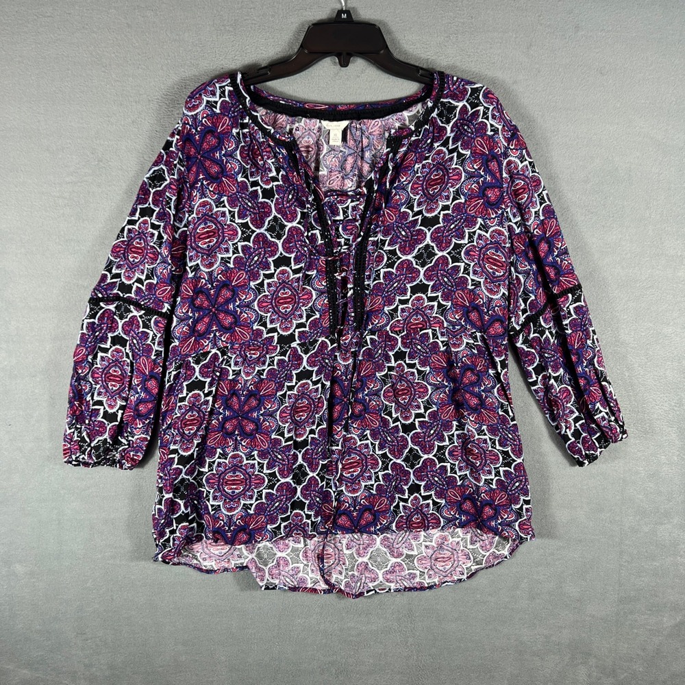 EST. 1946 Womens Blouse XL Purple Pink Medallion Boho Tie Neck 3/4 Sleeve Top